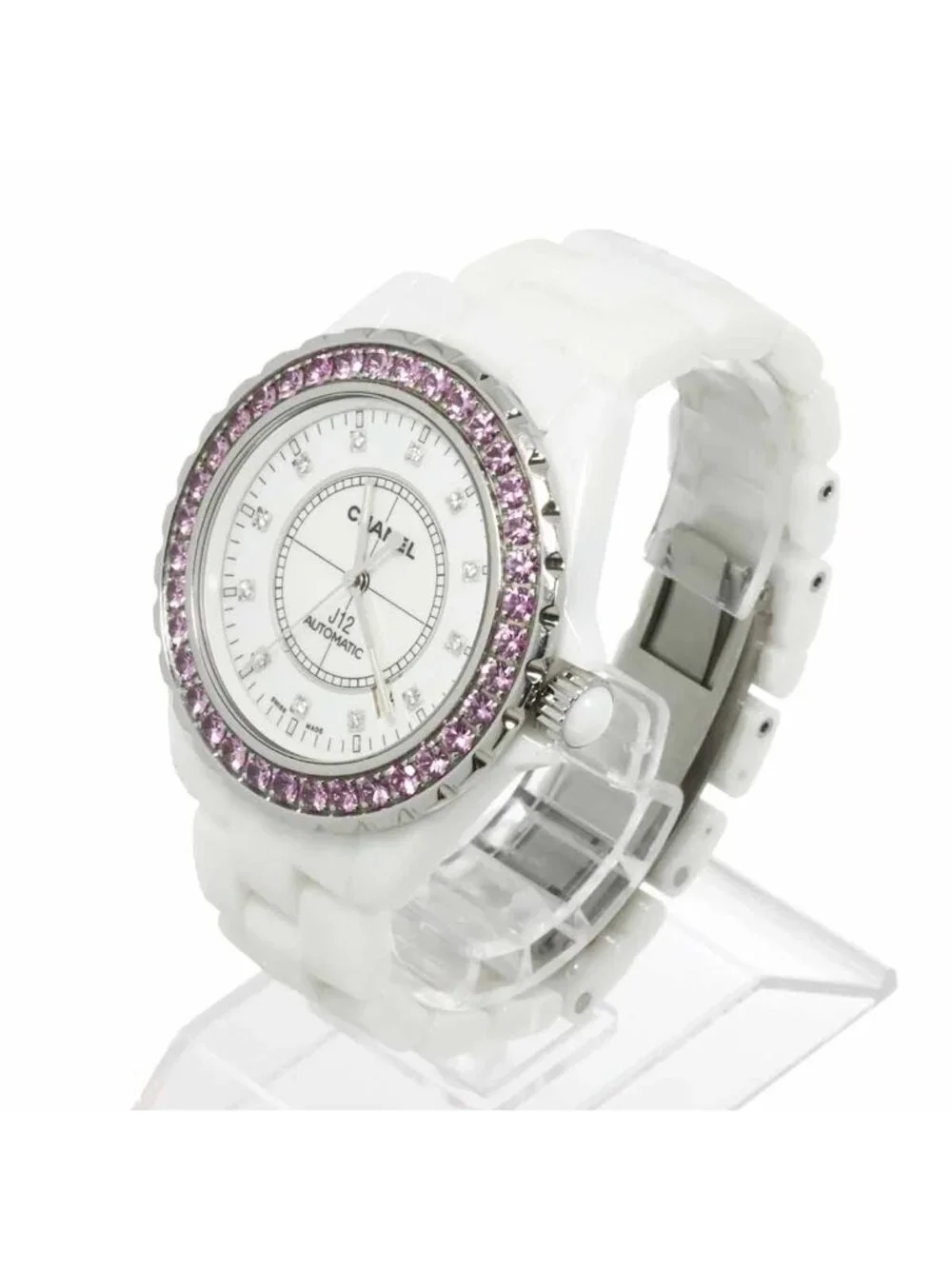 Chanel 42 Watch Date Diamond Pink Saffiano Bezel White Ceramic Automatic Winding
